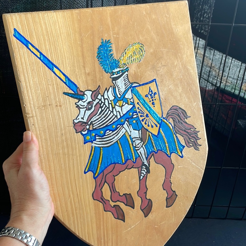 Handmade wooden shield for knight costume. Halloween. Dress up. Family costume